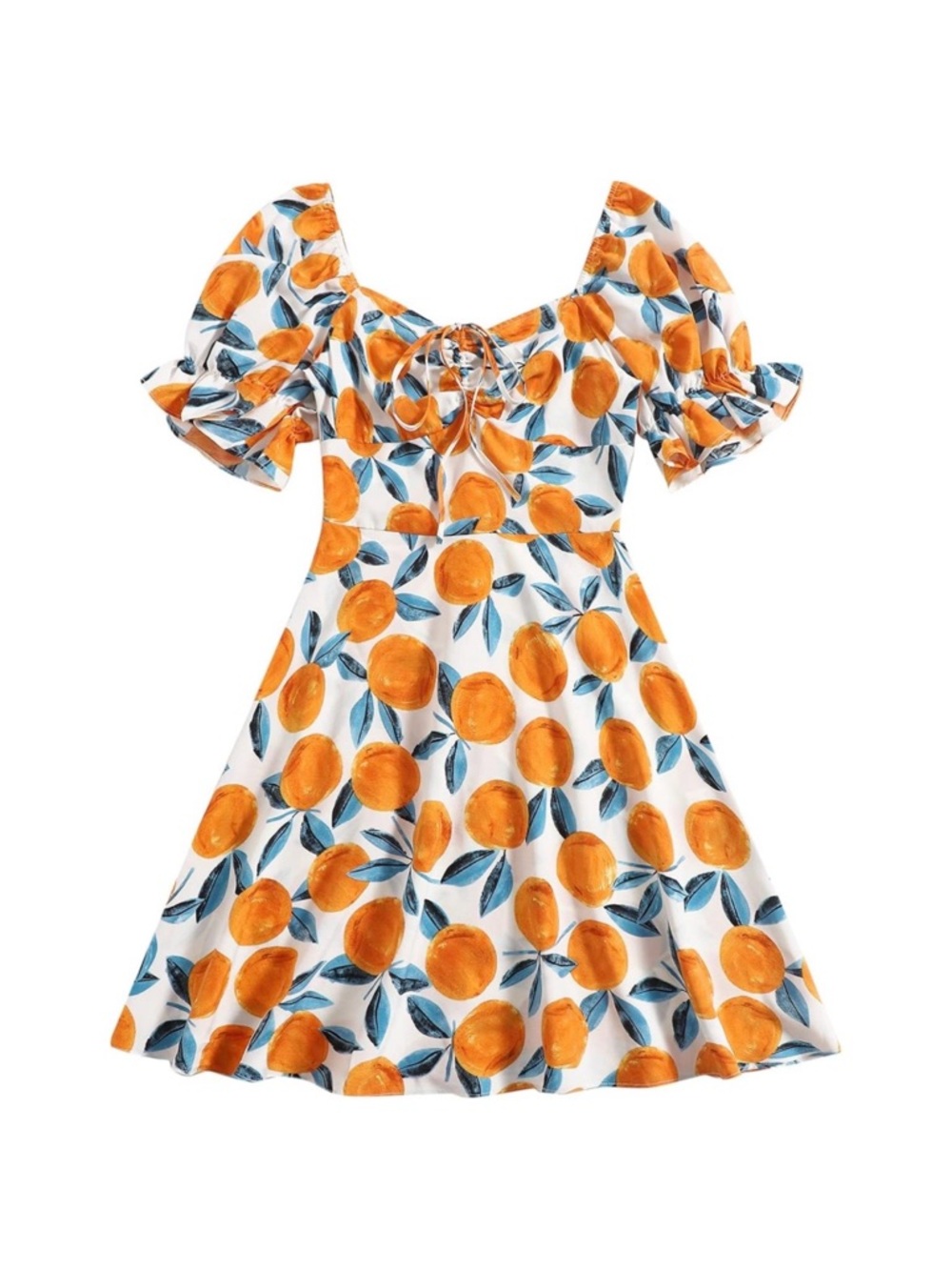 Orange Print Puff-Sleeve Summer Dress